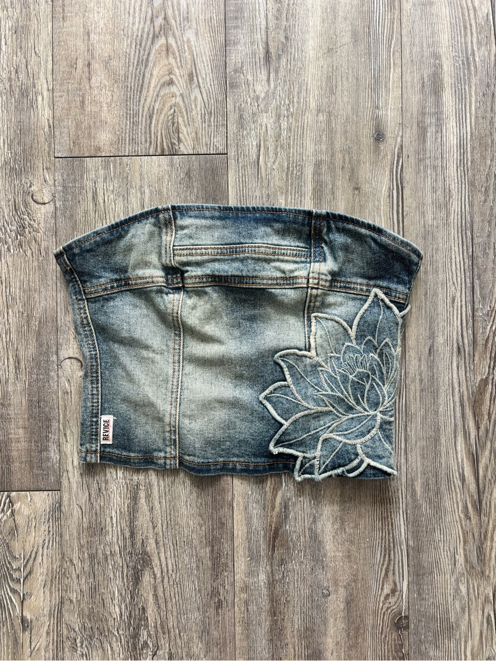 Revice Girls' Washed Blue Denim tube top with Floral Stitch Detail